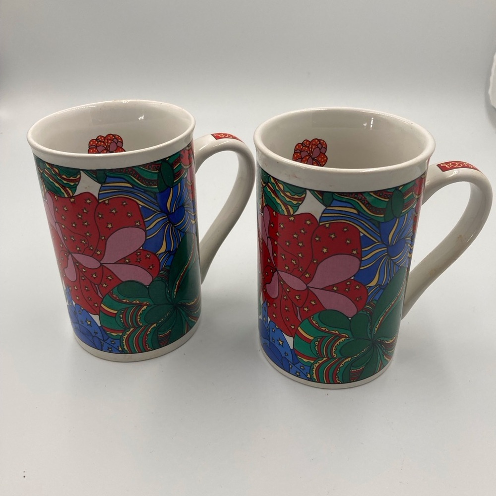 Vintage Colorful Ribbons Holiday Mugs (set of 2). 12oz.